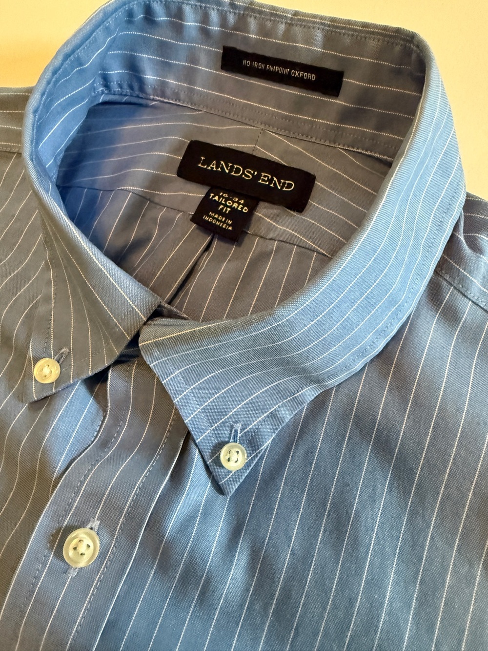 Lands’ End Men’s 16-34 Tailored Fit No Iron Pinpoint Oxford Blue Stripe Shirt